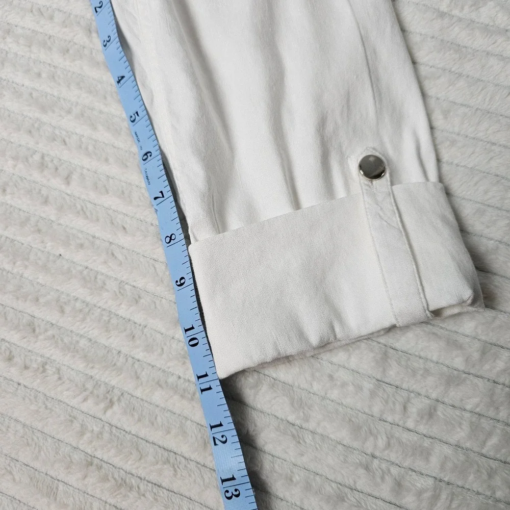 Chico's Linen Roll‎ Sleeve Stretch Blazer 2.5 (14) Ivory Open Front Zip Pocket